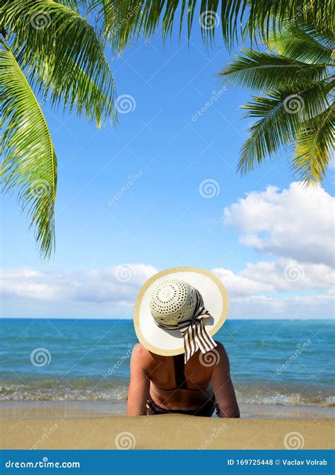 Caucasian Girl with Hat Lying on the Tropical Sand Beach. Stock Photo - Image of coconut, person ...