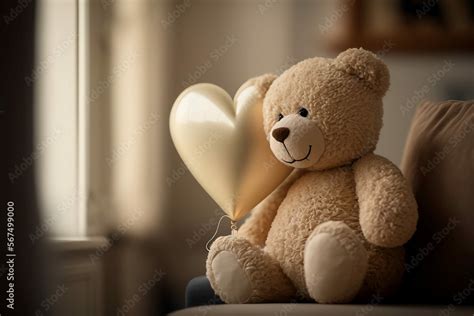 Cute teddy bear holding heart balloon with Generative AI technology ...