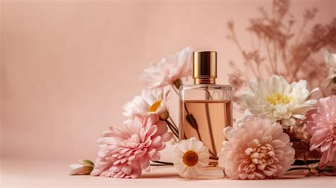 Premium AI Image | A bottle of perfume with flowers on a pink background