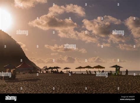 Beach life on "Praia da Conceicao", sunshades, fruit stand, island "Fernando de Noronha ...