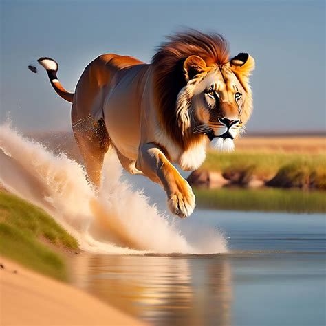 Premium Photo | Lion jumping out of the water Lion hunts from the water