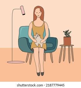 Girl Cat Sitting On Chair Home Stock Vector (Royalty Free) 2187779445 | Shutterstock