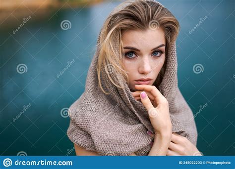 Portrait Beautiful Young Woman in Chalet on Her Head Against Backdrop Lake Stock Image - Image ...