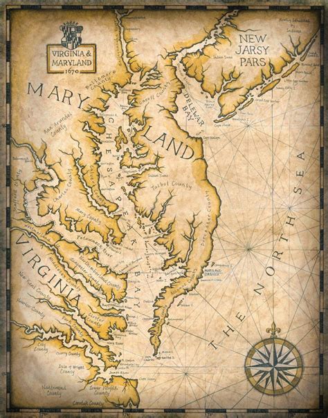 Carte de la baie de Chesapeake oeuvre c. 1670 11 x Original Drawing, Original Artwork, Virginia ...