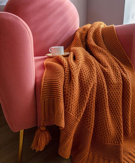 Orange Knitted Throw Blanket Tassel Pom Pom Blanket Pure Color | Etsy