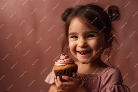 Premium Photo | A little girl is holding a cupcake with pink frosting.