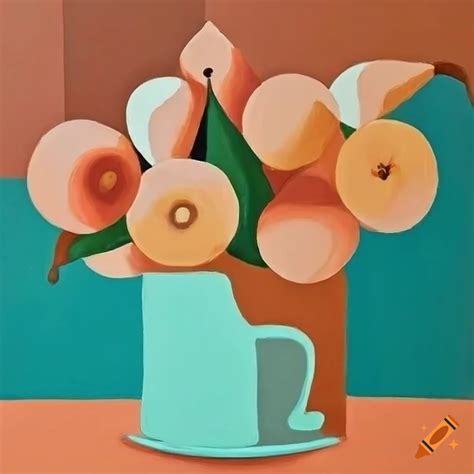 Mid-century modern painting of peach table centerpiece with pears and polka dot cup on Craiyon