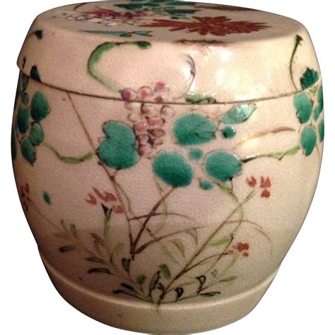 Japanese Antique Satsuma Earthenware Rare Round Barrel Box by Famous Kinkozan Antique Pottery ...