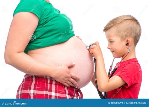 Little Boy Listens To His Mother`s Pregnant Belly. Isolated on White Background Stock Image ...