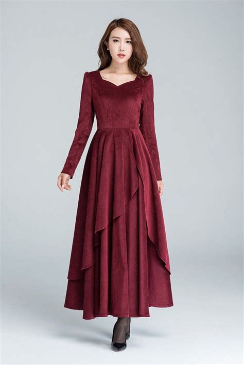 Burgundy Corduroy Dress, Long Sleeve Cocktail Dress, Maxi Dress, Long Dress, Party Dress ...