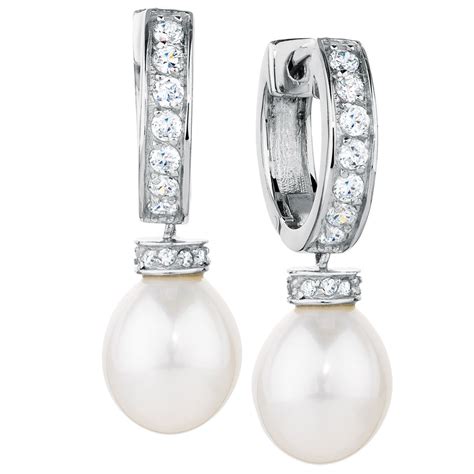 Drop Earrings with Cultured Freshwater Pearl & Cubic Zirconia in Sterling Silver