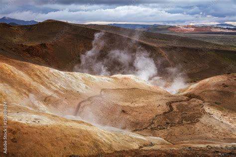 Steaming fumarole on rhyolite formation Krafla volcanic area Myvatn region Northeastern Iceland ...