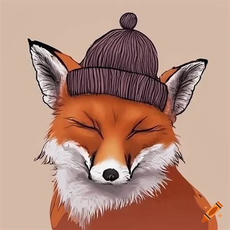 Line art of a sleeping fox with beanie hat