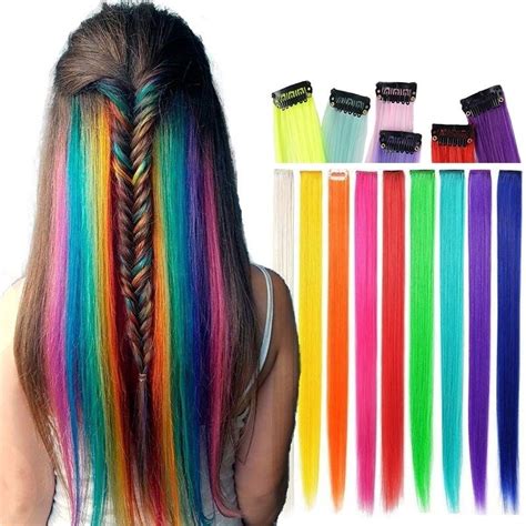 2022 /20 Long Straight Fake Colored Hair Extensions Clip In Highlight Rainbow Hair Streak Pink ...