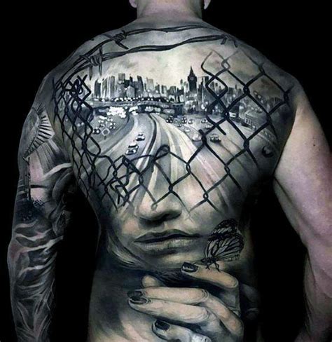 Full Back City Skyline With Chain Fence And Female Portrait Great ...