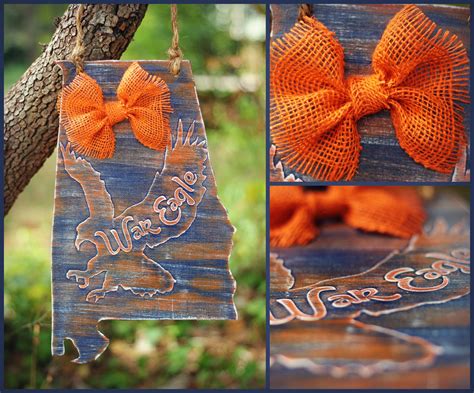 Distressed Wooden state of alabama Door hanger with Auburn eagle and burlap bow Wood Craft ...