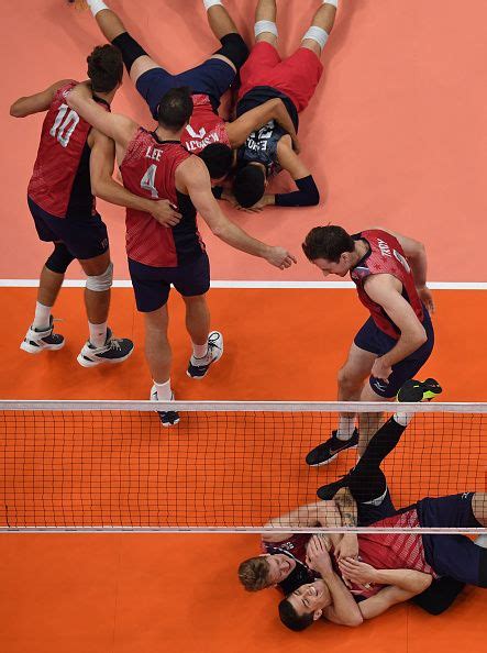 An overview shows USA's players after winning their men's Bronze Medal… | Usa volleyball team ...