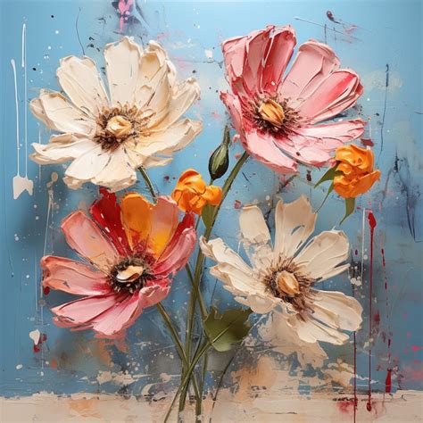 Premium AI Image | there are three flowers that are painted on a blue ...