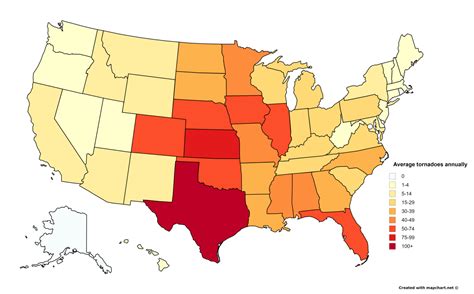 Average number of tornadoes annually by US State. - Maps on the Web