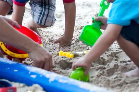 Kids on White Sand Sandbox and Antimony of Children Play Stock Image ...