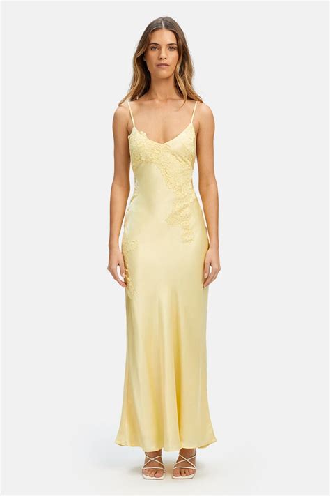 Avoco Lace Detail Midi Dress in Canary Yellow | Bardot Yellow Formal Dress, Yellow Satin Dress ...