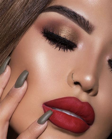 matte red lips and golden smokey eye look by @iluvsarahii | Eye makeup ...