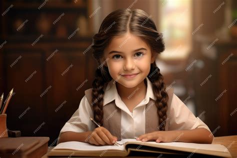 Premium AI Image | Cute little girl smiling writing at the desk in the ...