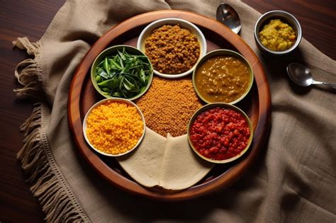 Alluring Ethiopian Cuisine Flat Lay with Injera and Stews | Premium AI-generated image