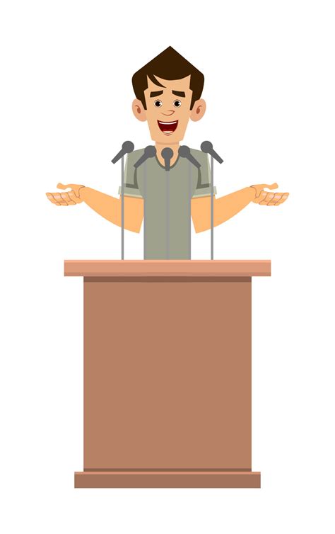 casual man cartoon character speaker stands behind the podium and ...