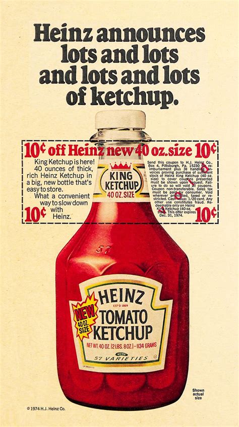 Heinz Ketchup Ad 1974 "Heinz announces lots and lots and lots and lots of ketchup. | Vintage ads ...