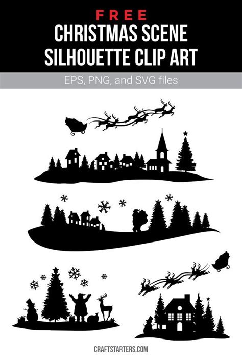 Free Christmas Scene Silhouette Clip Art | Santa's Sleigh, Reindeers ...