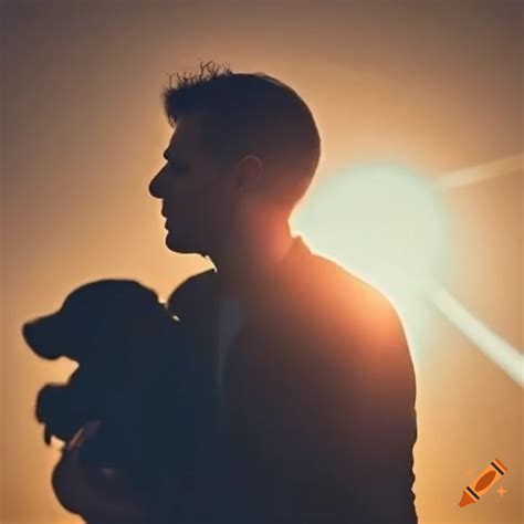 Silhouette of a man hugging his dog