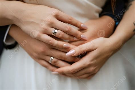 The Bride And Groom Tenderly Hold Hands Between Them Love And ...