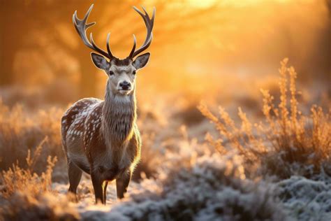 Fallow deer lat. Dama Dama in winter sunrise, Fallow deer stag during ...