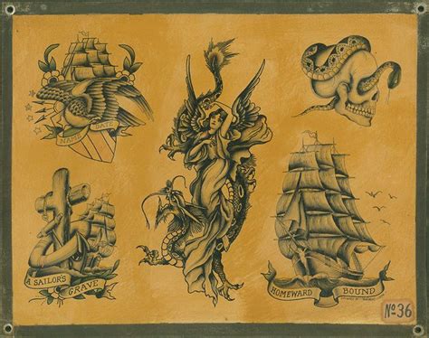 an old school tattoo flash sheet with ships and sea creatures on it's sides
