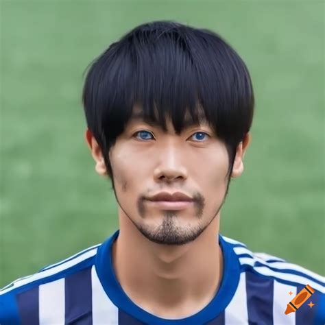 Japanese soccer player with black hair, beard, and blue eyes on Craiyon