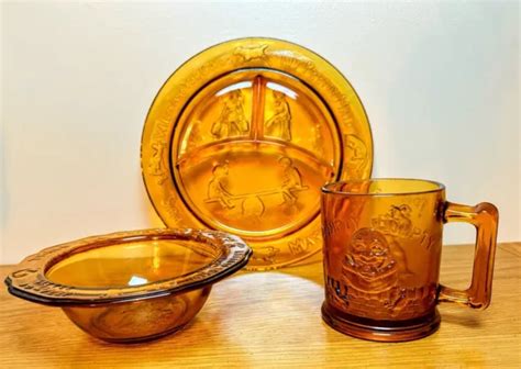 TIARA INDIANA GLASS Amber Child's Nursery Rhyme Plate Mug Bowl Set Mother Goose $19.95 - PicClick