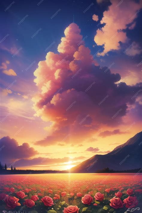 Premium AI Image | Anime landscape with a sunset and a mountain