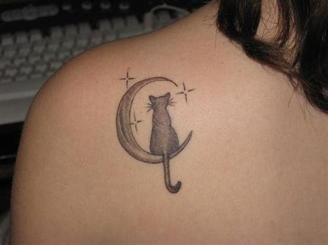 Cat and stars back moon tattoo