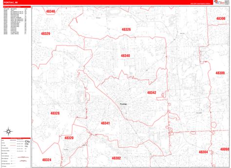 Pontiac Michigan Zip Code Wall Map (Red Line Style) by MarketMAPS - MapSales