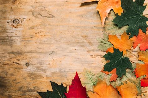 Free Photo | Wooden background with autumn leaves and frame picture