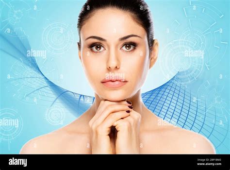 Beautiful woman face portrait on blue technology background Stock Photo - Alamy