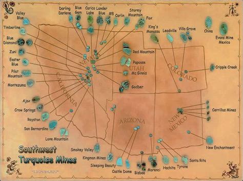 Reserved for Amy Estelle Map of Southwest Turquoise Mines Large Laminated Poster American Indian ...