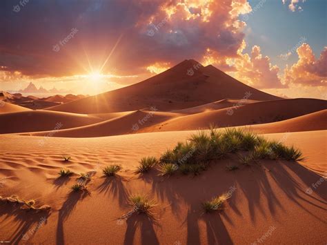 Premium AI Image | A sunset in the desert with a mountain in the background