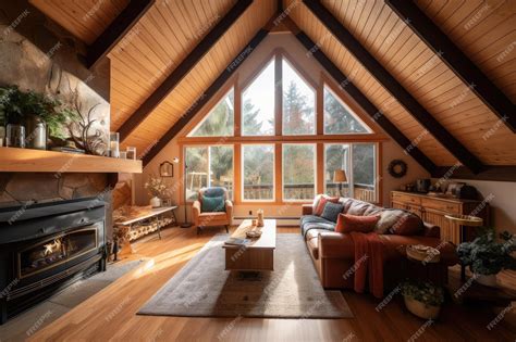 Premium Photo | Warm and cozy cottage with fireplace vaulted ceiling and natural light