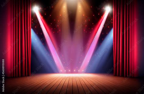 Theater stage with red curtains are opening with spotlight performance lights showing.Generative ...