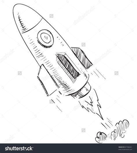 Soaring rocket ship cartoon icon. Sketch fast pencil hand drawing illustration in funny doodle ...