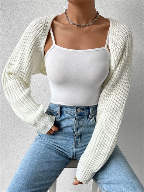 SHEIN EZwear Balletcore Ribbed Knit Raglan Sleeve Shrug Crop Cardigan ...