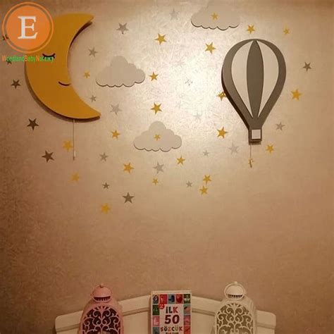 Set of 2 | Wooden Baby Girl Room Night Light, 1 Moon + 1 Pink Hot Balloon Baby Nursery Lamp ...