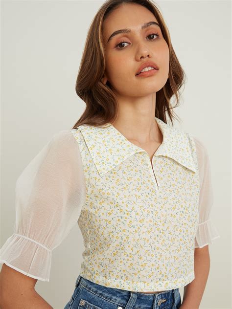 Mesh Sleeve Floral Crop Top - Yellow - Pomelo Fashion